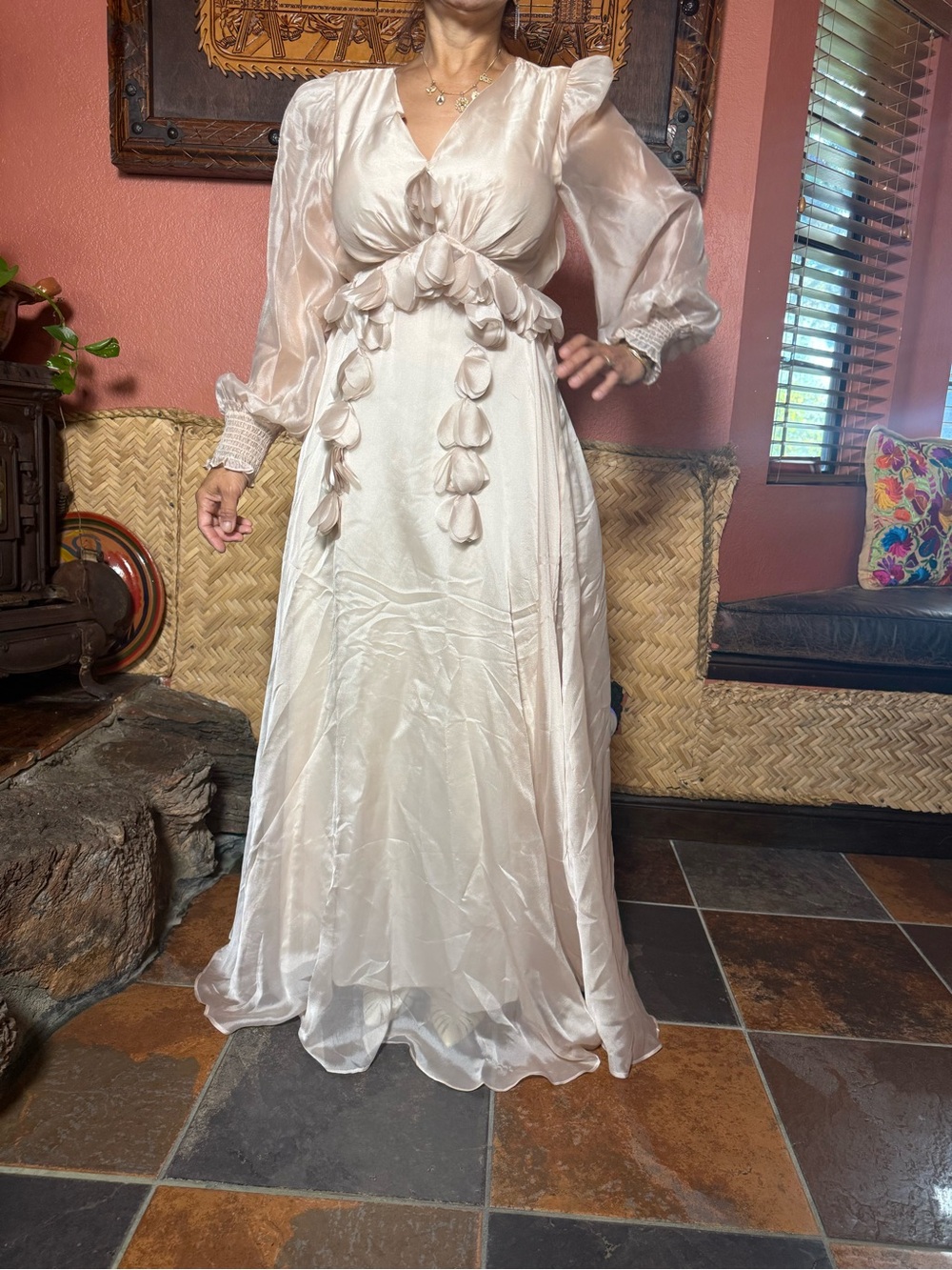 L'ATISTE Ivory Satin Maxi Dress with Rosette Trim